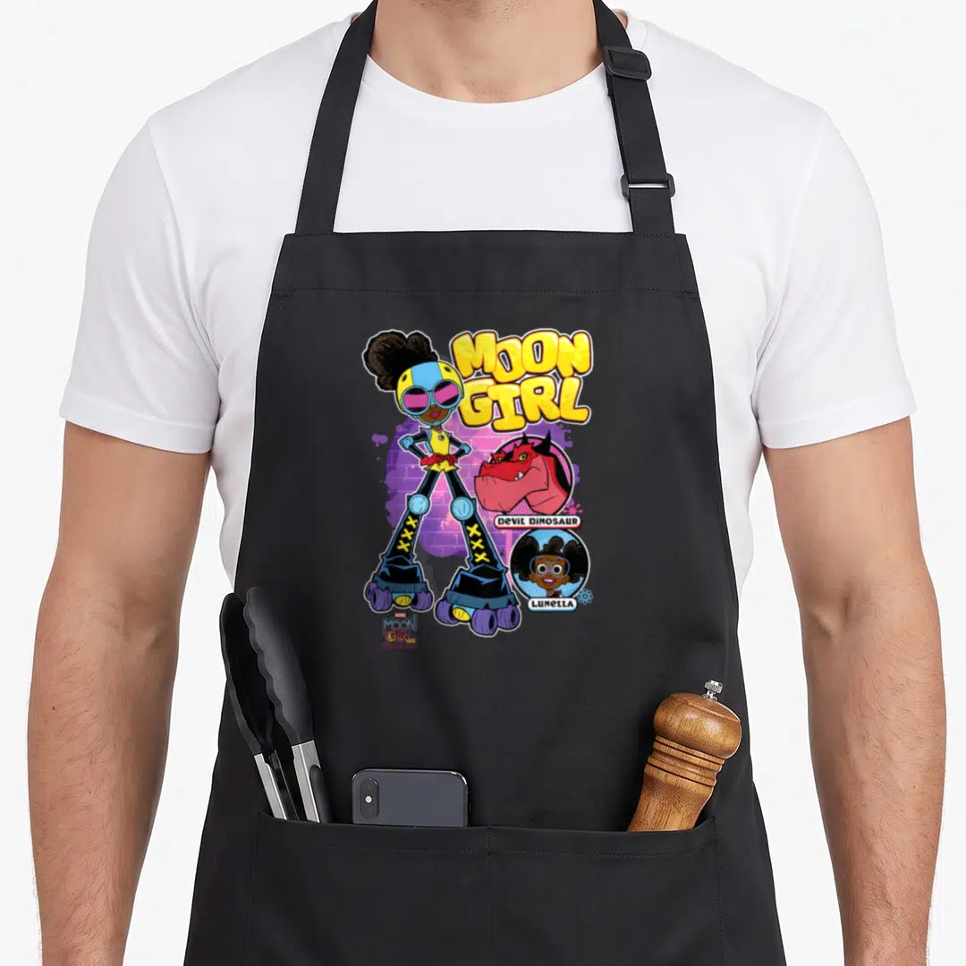 Moon super hero aprons - Moon Girl in roller skates with Devil Dinosaur and Lunella portraits against a purple brick — shown on a black cotton canvas apron against a white background