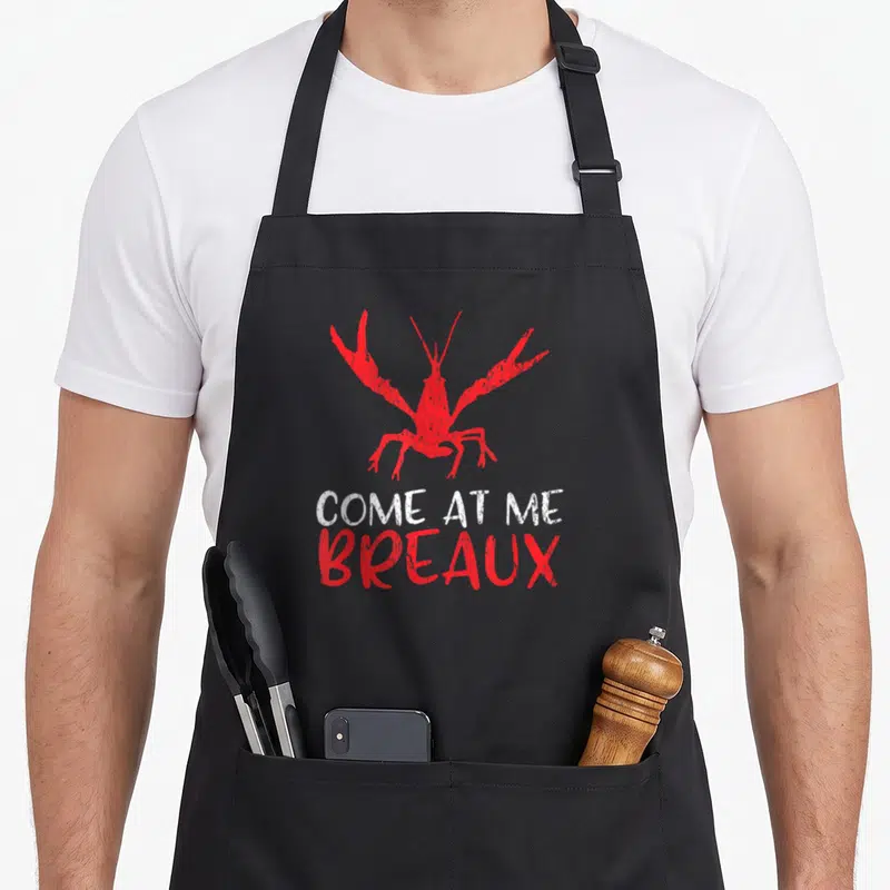 Crawfish cajun aprons - Red distressed crawfish above white and red Come At Me Breaux text — shown on a black cotton canvas apron against a white background