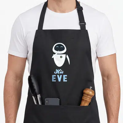 Eve valentine's day apron - White robot with leaf emblem and His EVE text in blue — shown on a black cotton canvas apron against a white background
