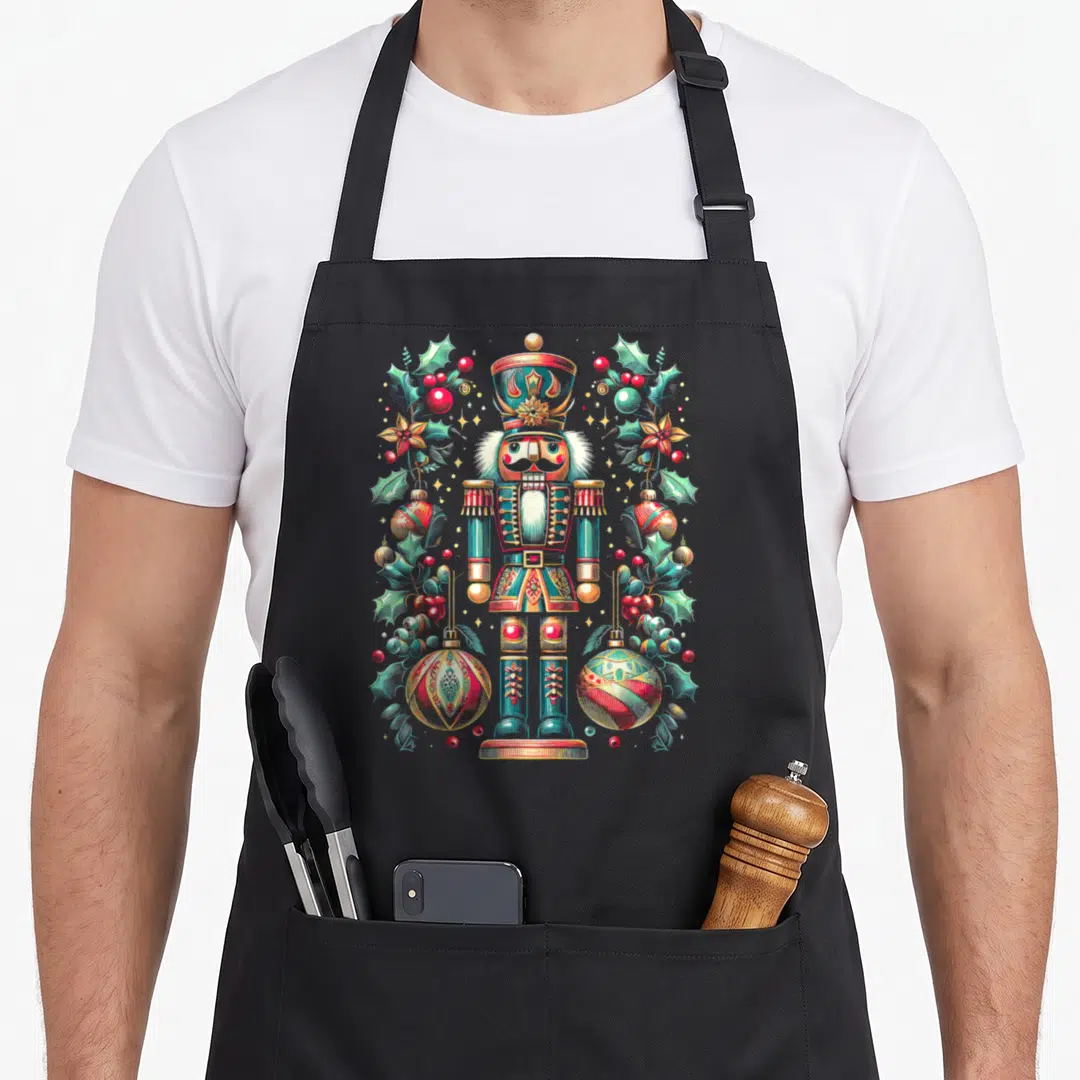 Nutcracker women's christmas apron - Realistic nutcracker surrounded by teal holly red berries and gold ornaments — shown on a black cotton canvas apron against a white background