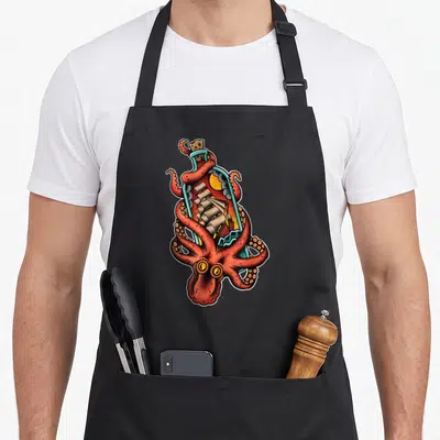 Octopus tattoo apron - Red octopus wrapped around glass bottle containing sailing ship in cartoon tattoo style — shown on a black cotton canvas apron against a white background