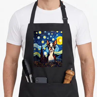 Boston van gogh apron - Starry Night style Boston Terrier painting on black apron with cypress tree and moon — shown on a black cotton canvas apron against a white background