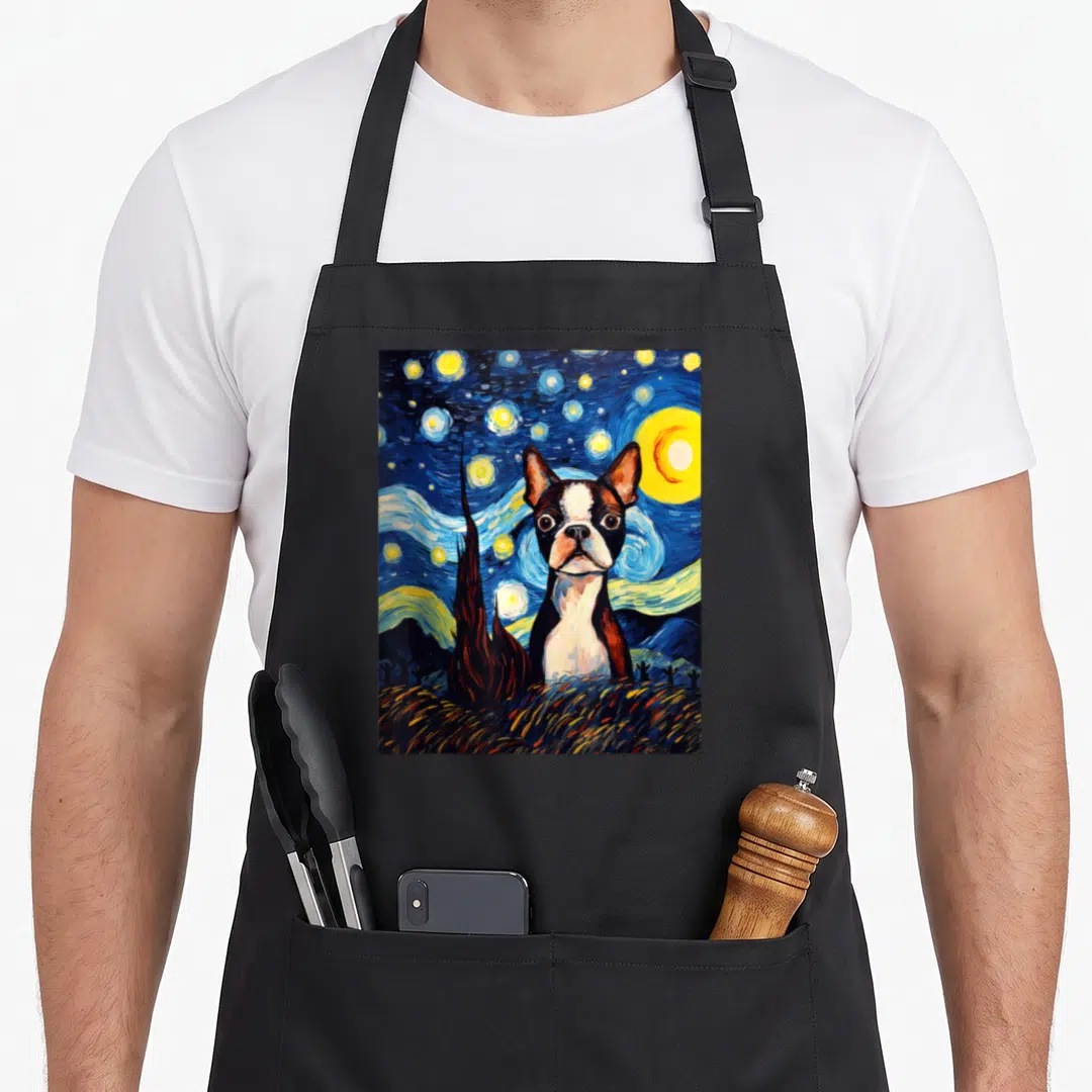 Boston van gogh apron - Starry Night style Boston Terrier painting on black apron with cypress tree and moon — shown on a black cotton canvas apron against a white background