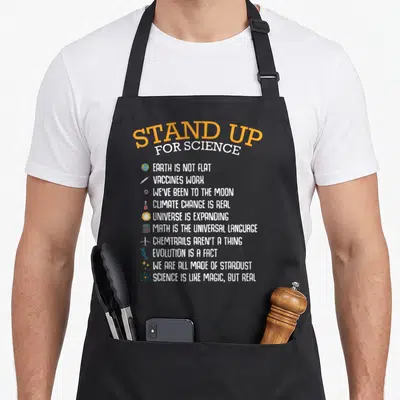 Stand change apron - Stand Up For Science text list with Earth vaccine moon math evolution stardust icons — shown on a black cotton canvas apron against a white background