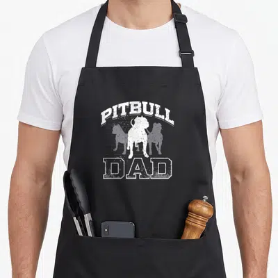 Pitbull owner custom dog apron - White distressed PITBULL DAD text and dog silhouette with horizontal lines — shown on a black cotton canvas apron against a white background