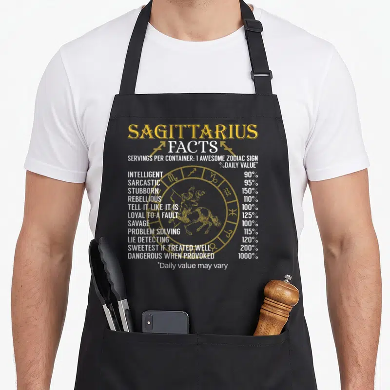 Sagittarius fact zodiac aprons - Nutrition label style text listing Sagittarius traits with yellow centaur wheel graphic — shown on a black cotton canvas apron against a white background