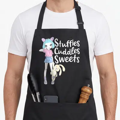 Ddlg daddys girl apron - Cartoon girl with blue hair holding a beige bunny next to white text reading Stuffies Cuddles — shown on a black cotton canvas apron against a white background