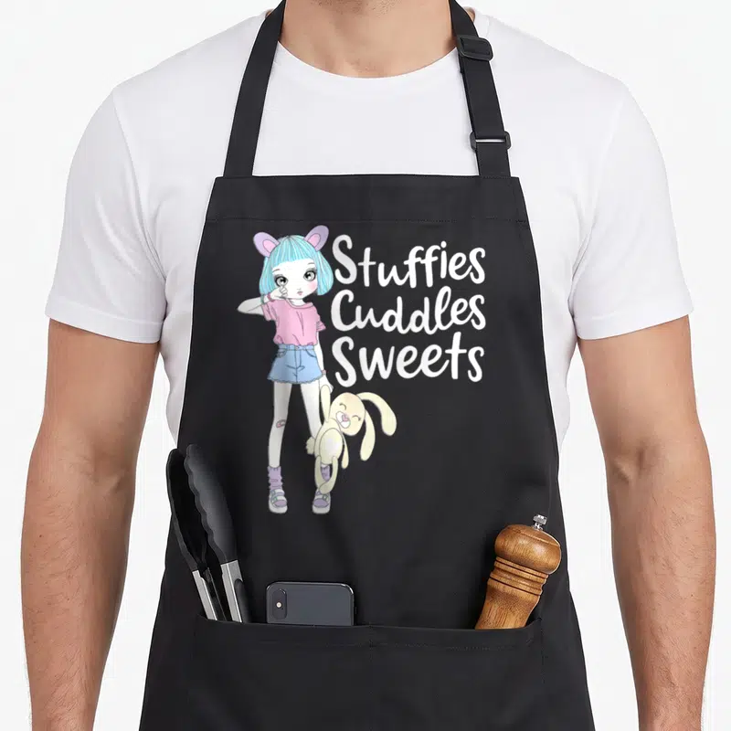 Ddlg daddys girl apron - Cartoon girl with blue hair holding a beige bunny next to white text reading Stuffies Cuddles — shown on a black cotton canvas apron against a white background