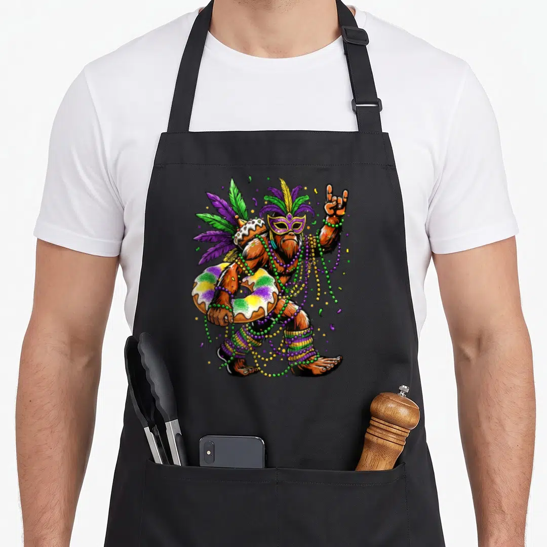 King fat chef apron - Cartoon Bigfoot in masquerade mask holding a King Cake with beads and confetti — shown on a black cotton canvas apron against a white background