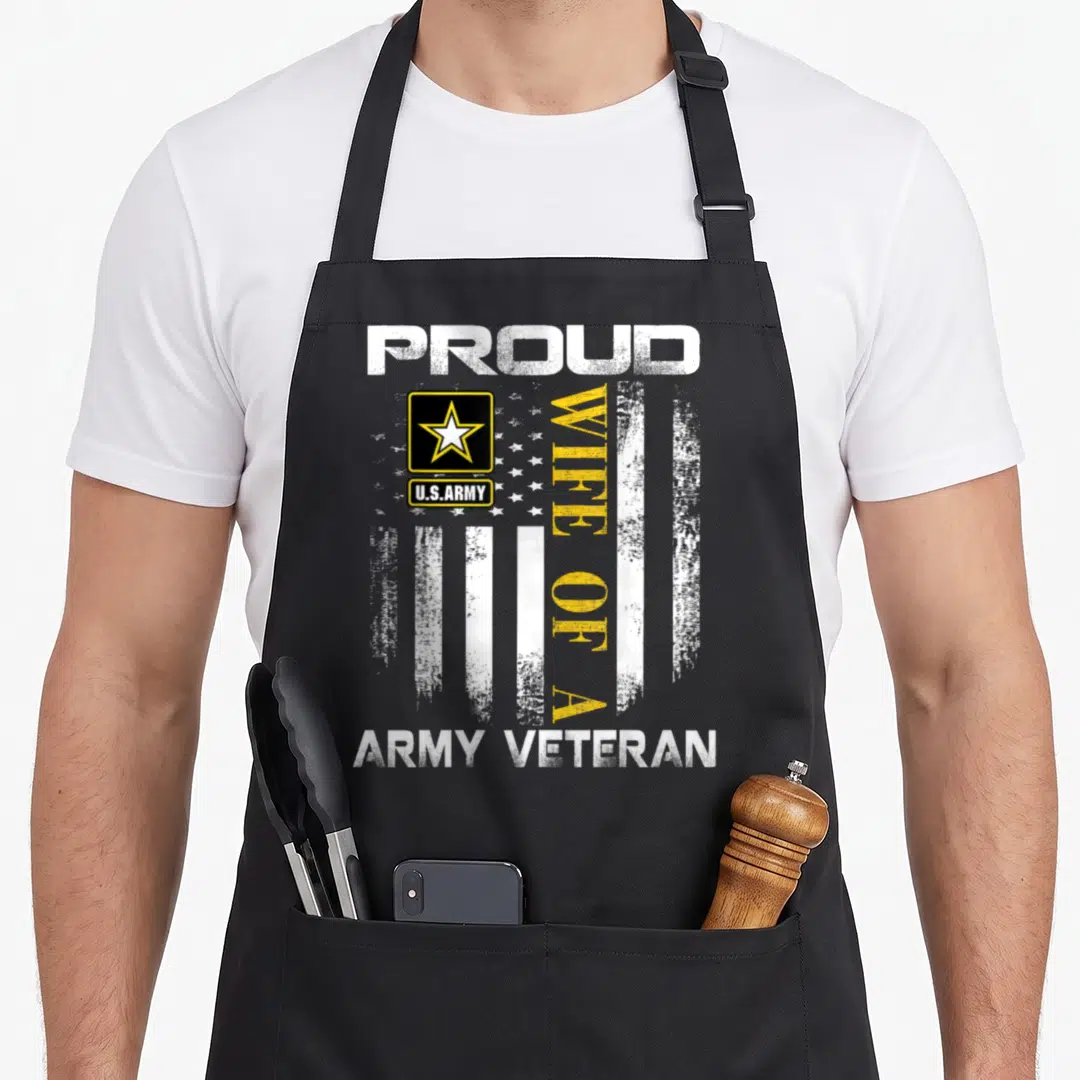 Wife army american flag apron - Distressed USA flag with proud wife of a army veteran text and U.S. Army star logo — shown on a black cotton canvas apron against a white background