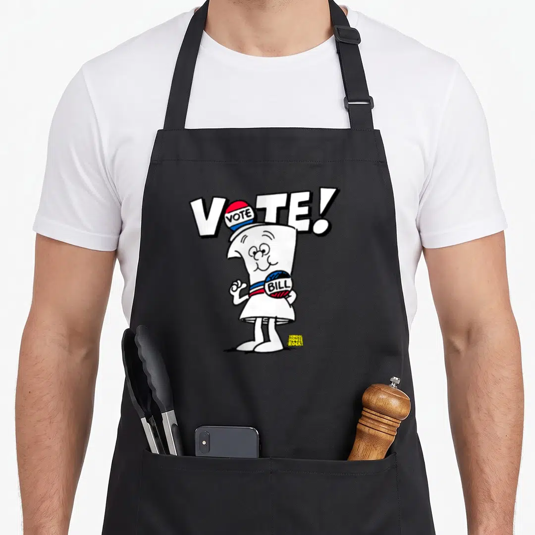 Vote schoolhouse rock apron - Standing cartoon paper bill wearing hat and buttons under VOTE! text — shown on a black cotton canvas apron against a white background