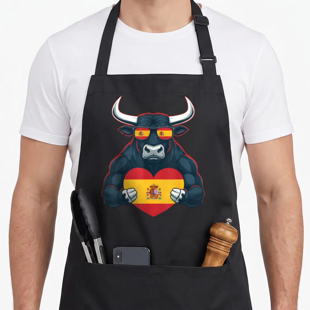 Root spanish aprons - Muscular cartoon bull holding heart with Spanish flag in blue, red, yellow, and white — shown on a black cotton canvas apron against a white background