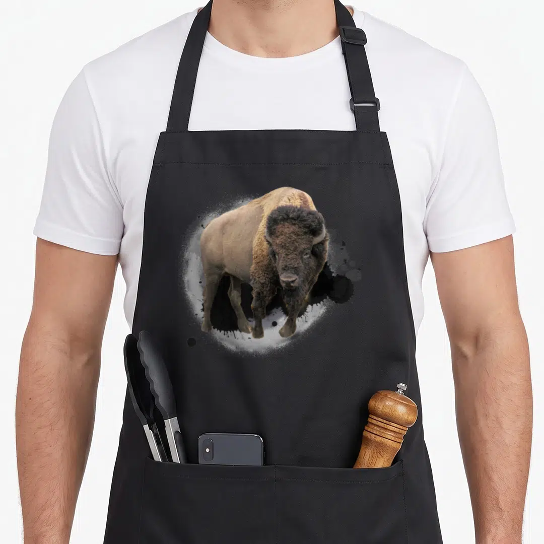 Beef buffalo apron - Centered bison photo with black and white ink splatters on brown background — shown on a black cotton canvas apron against a white background