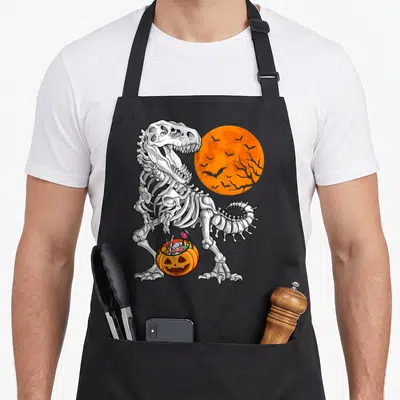 Halloween pumpkin apron - Cartoon dinosaur skeleton holding pumpkin candy bucket under orange moon with bats — shown on a black cotton canvas apron against a white background