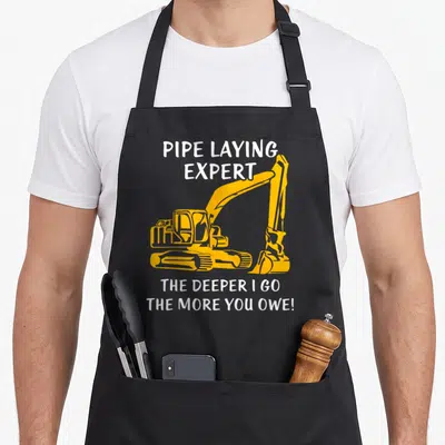 Pipe heavy canvas aprons - Yellow excavator graphic with white text pipe laying expert and deeper I go more you owe — shown on a black cotton canvas apron against a white background