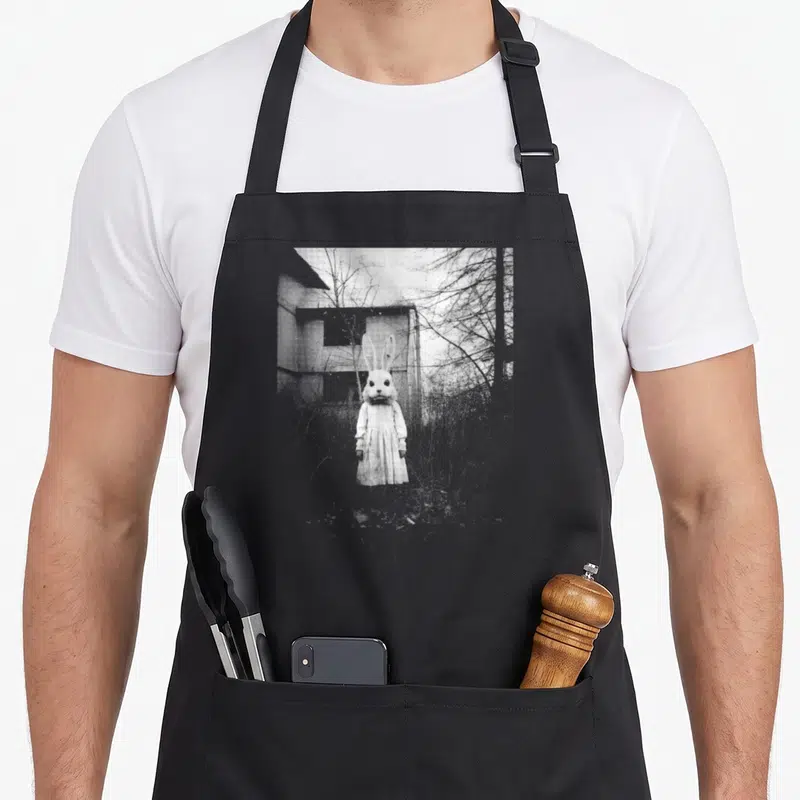 Bunny halloween apron - Photo of rabbit person in white dress standing before building and bare trees in grey and black — shown on a black cotton canvas apron against a white background
