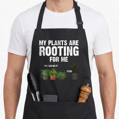 Funny gardening gardener apron - Four cartoon potted plants with faces and speech bubbles under rooting pun text — shown on a black cotton canvas apron against a white background