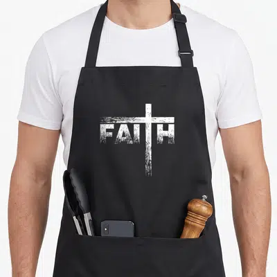 Faith christian aprons - Distressed white cross with FAITH printed across the horizontal bar on black fabric — shown on a black cotton canvas apron against a white background