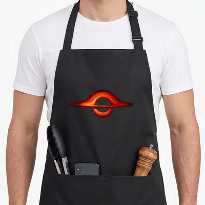 Cute hole astrophysicist apron - Realistic black hole with swirling orange red yellow accretion disk — shown on a black cotton canvas apron against a white background