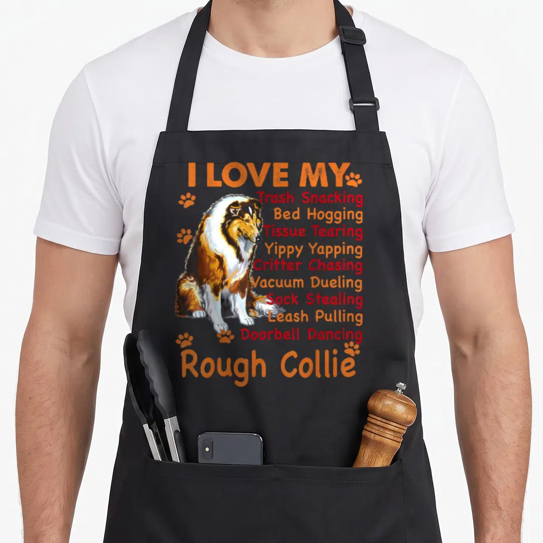 Funny rough collie apron - Realistic Rough Collie with I Love My text list and paw prints in orange red and brown — shown on a black cotton canvas apron against a white background