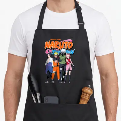 Funny shippuden anime apron - Stacked NARUTO SHIPPUDEN logo above four ninja characters in orange blue pink green — shown on a black cotton canvas apron against a white background