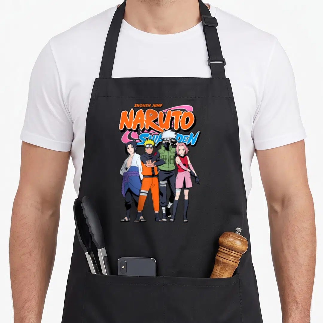 Funny shippuden anime apron - Stacked NARUTO SHIPPUDEN logo above four ninja characters in orange blue pink green — shown on a black cotton canvas apron against a white background