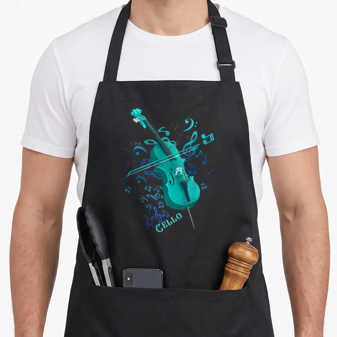 Note cello apron - Teal cartoon cello with bow and scattered blue musical notes printed on canvas fabric — shown on a black cotton canvas apron against a white background