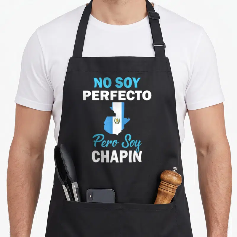 Funny guatemala guatemalan aprons - Map of Guatemala in blue and white with No Soy Perfecto Pero Soy Chapin text — shown on a black cotton canvas apron against a white background