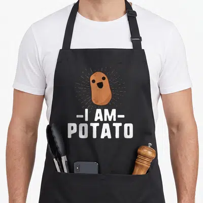Potato vegetable apron - Cartoon brown potato with orange rays above white I AM POTATO text — shown on a black cotton canvas apron against a white background