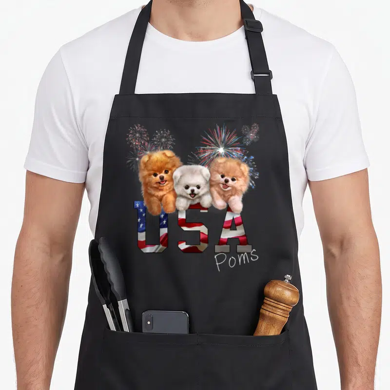 Patriotic dog apron - Three Pomeranians sitting on USA letters with fireworks and Poms script text — shown on a black cotton canvas apron against a white background