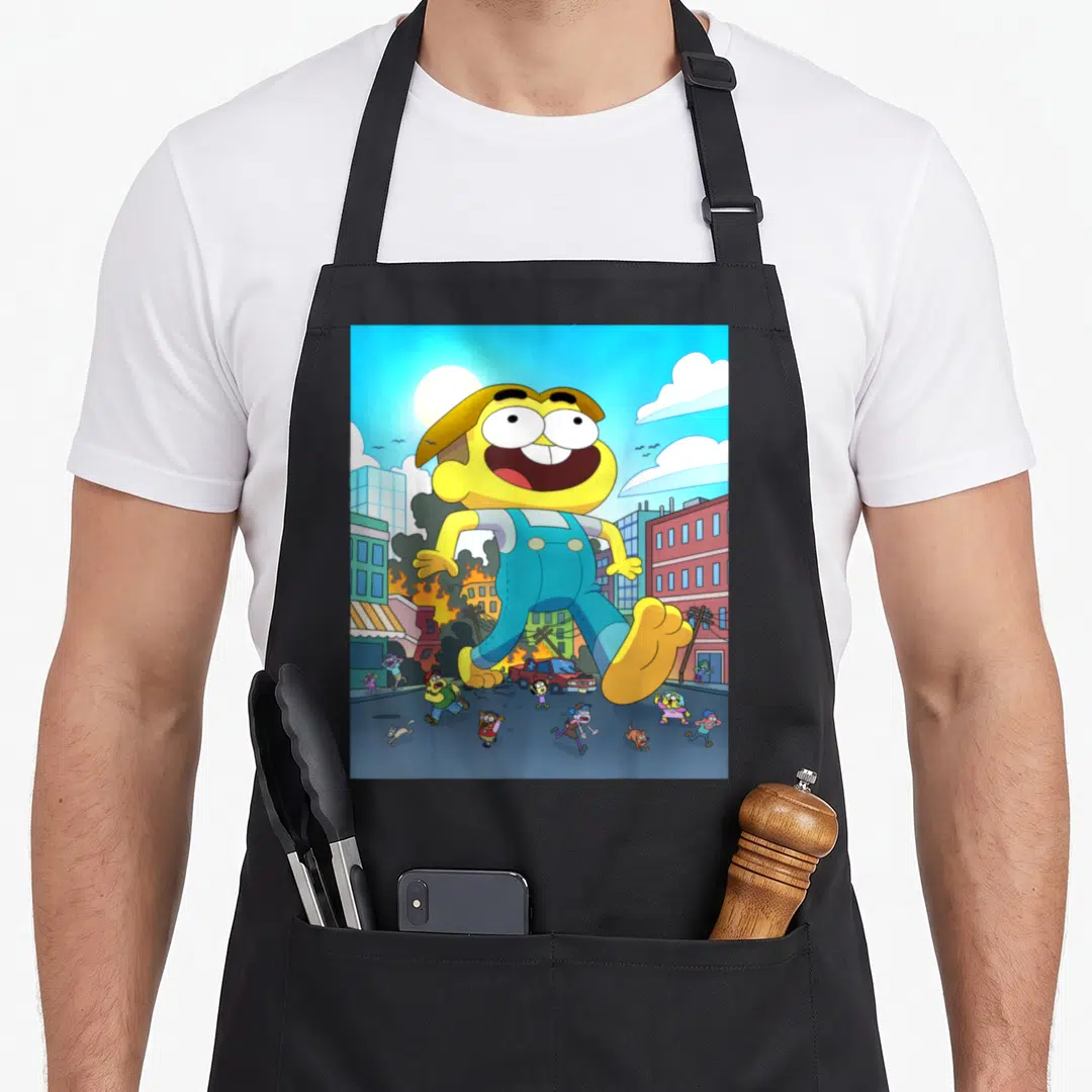 Exclusive cricket apron - Giant cartoon boy stepping over city street with burning buildings and small people in blue — shown on a black cotton canvas apron against a white background
