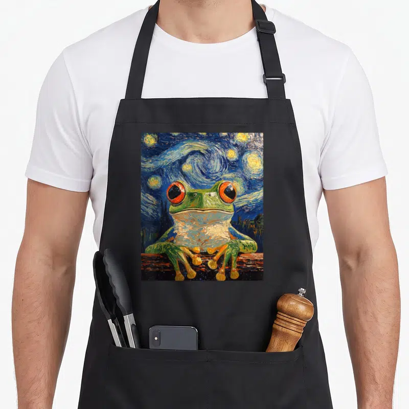 Frog van gogh apron - Green frog with red eyes on log under swirling blue starry night sky — shown on a black cotton canvas apron against a white background