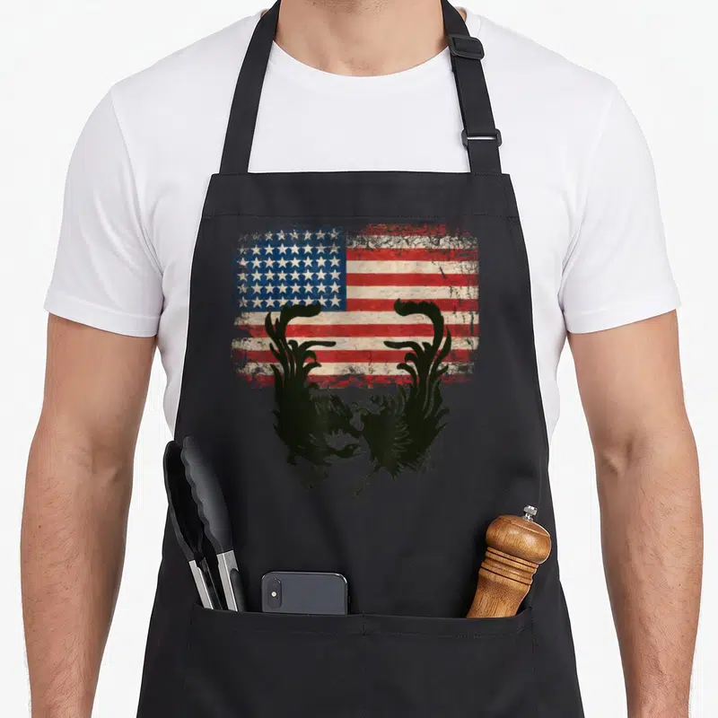 Fight american flag apron - Two black roosters fighting in front of a distressed red white and blue American flag — shown on a black cotton canvas apron against a white background