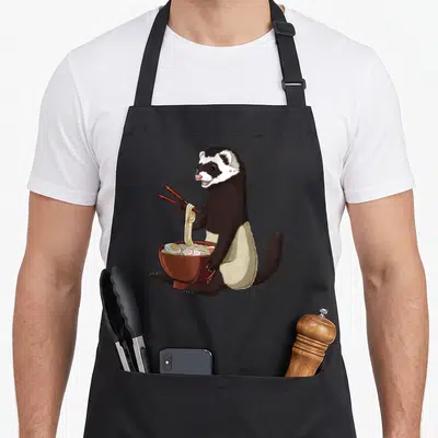 Noodle japan apron - Cartoon ferret holding red chopsticks lifting noodles from a wooden bowl with egg and pink swirl — shown on a black cotton canvas apron against a white background