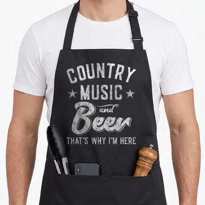 Vintage music cook's country aprons - Stacked white distressed text reading COUNTRY MUSIC and Beer THAT'S WHY I'M HERE — shown on a black cotton canvas apron against a white background