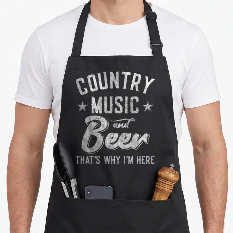 Vintage music cook's country aprons - Stacked white distressed text reading COUNTRY MUSIC and Beer THAT'S WHY I'M HERE — shown on a black cotton canvas apron against a white background