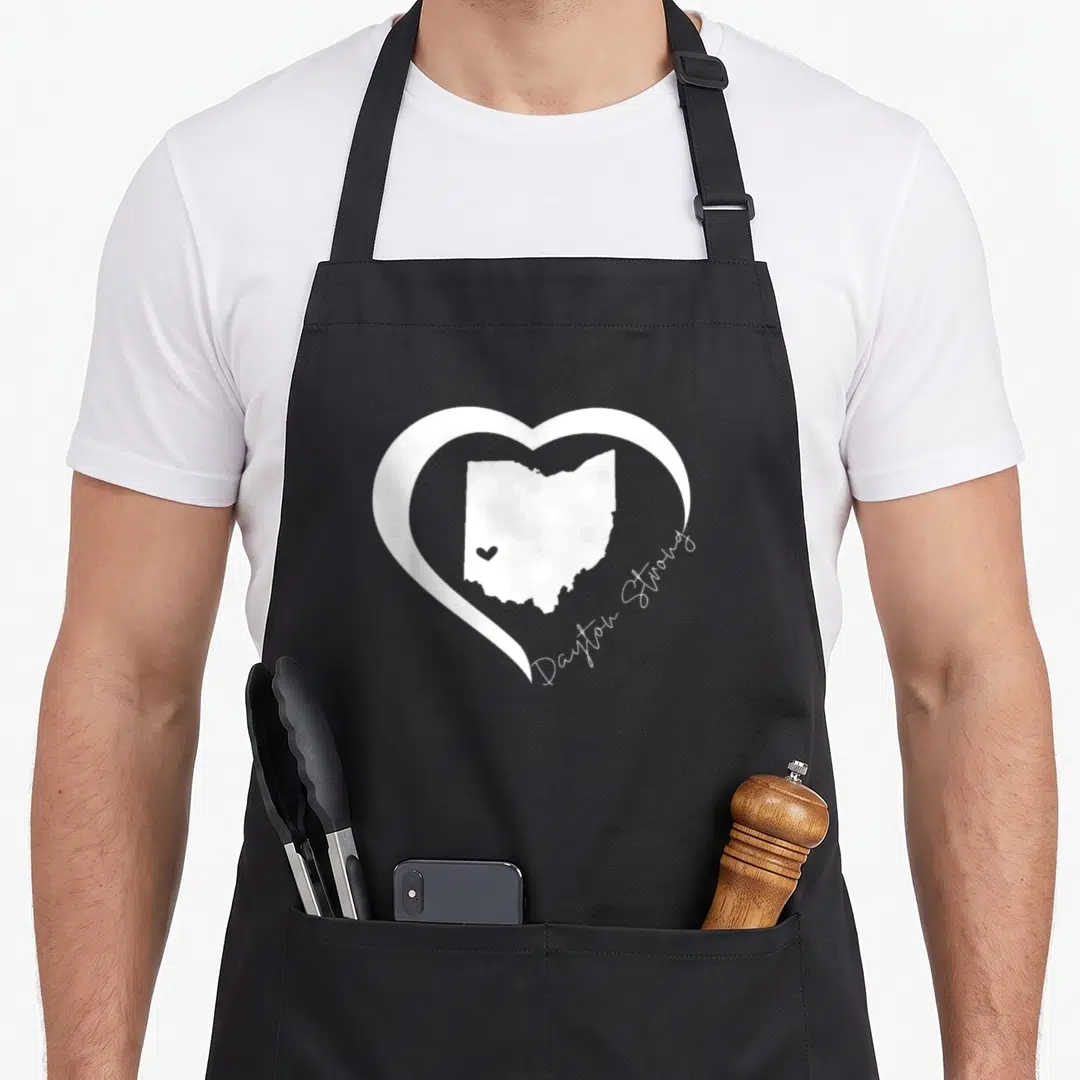 Dayton ohio boy apron - White heart outline enclosing Ohio map with Dayton Strong script text — shown on a black cotton canvas apron against a white background