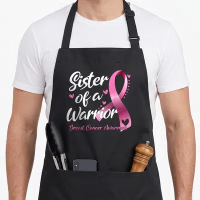 Sister breast cancer awareness aprons - Sister of a Warrior text beside pink ribbon with small hearts on black fabric — shown on a black cotton canvas apron against a white background