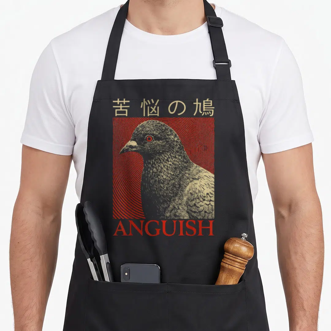 Anguish pigeon lover apron - Grey pigeon in line art facing left over red concentric circles with Japanese and English — shown on a black cotton canvas apron against a white background