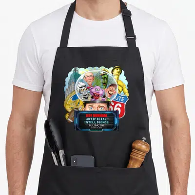 Funny jeff tulsa apron - Jeff Dunham Artificial Intelligence Tulsa 2025 print with five puppets under glass dome — shown on a black cotton canvas apron against a white background