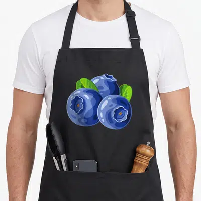Costume blueberries apron - Cartoon cluster of three blueberries with green leaves printed on canvas — shown on a black cotton canvas apron against a white background