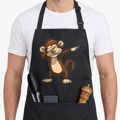 Monkey birthday apron - Cartoon monkey in brown and tan covering one eye with hand and pointing right — shown on a black cotton canvas apron against a white background