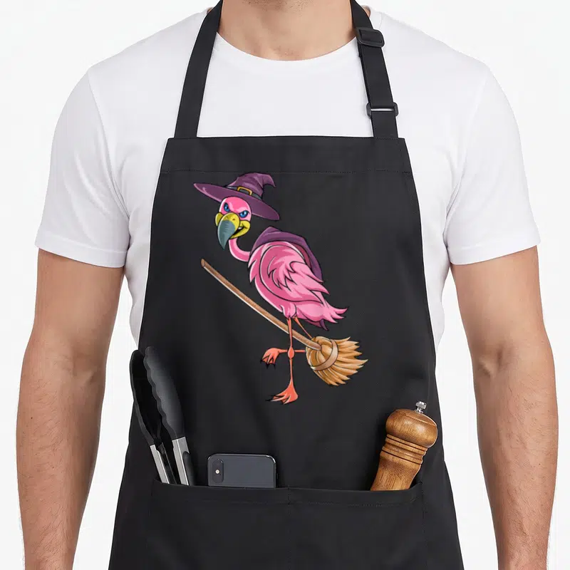 Witch cute halloween aprons - Pink flamingo wearing purple witch hat and cape standing on brown broom in cartoon style — shown on a black cotton canvas apron against a white background