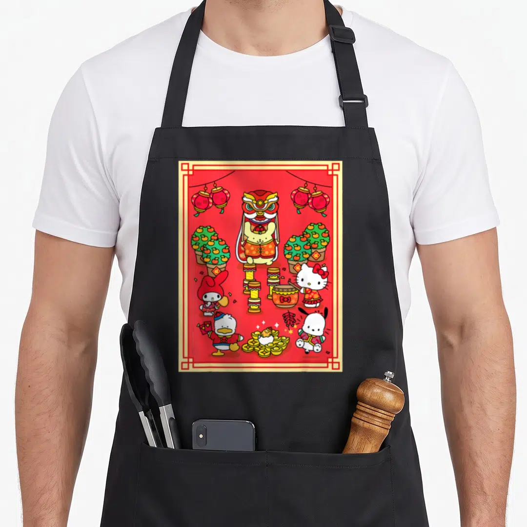 Funny lunar friends apron - Cartoon lion dance costume surrounded by characters, lanterns, and citrus trees in red — shown on a black cotton canvas apron against a white background