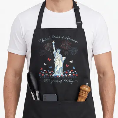 Cute 250th 4th of july apron - Statue of Liberty illustration with fireworks butterflies and flowers in red white — shown on a black cotton canvas apron against a white background