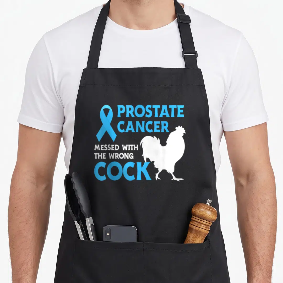 Prostate cancer apron - Blue ribbon and white rooster with Prostate Cancer messed with wrong cock text — shown on a black cotton canvas apron against a white background