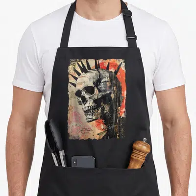 Clothe streetwear apron - Realistic skull with black spikes, red paint, and RTUZ text on torn paper background — shown on a black cotton canvas apron against a white background