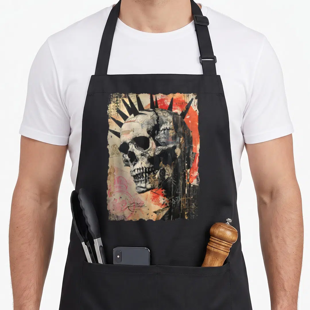 Clothe streetwear apron - Realistic skull with black spikes, red paint, and RTUZ text on torn paper background — shown on a black cotton canvas apron against a white background