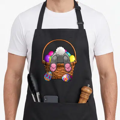 Bunny basket apron - Cartoon grey bunny rear in brown basket with colorful eggs and two patterned eggs on ground — shown on a black cotton canvas apron against a white background