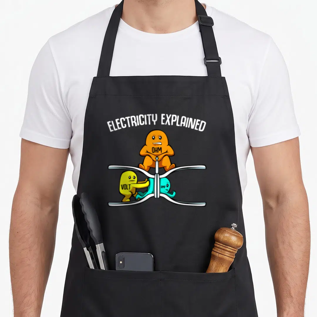 Explained physic teacher apron - Orange Ohm, yellow Volt, and cyan Amp characters squeezing a wrench under arched — shown on a black cotton canvas apron against a white background